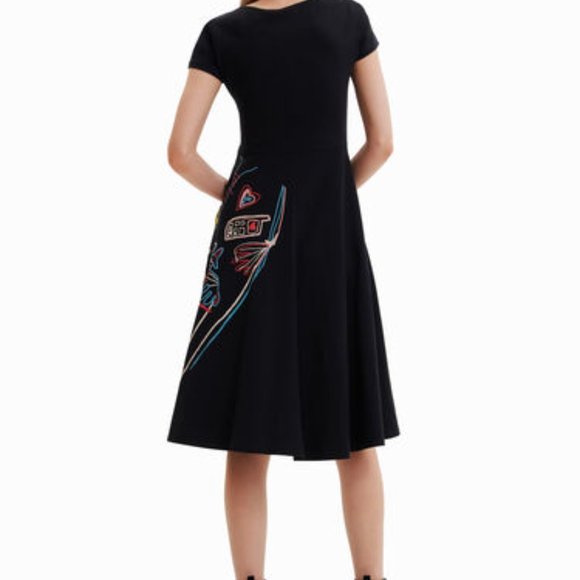 Desigual Short Sleeve Midi A-Line Dress S, Black with Colorful Abstract … - Picture 2 of 12